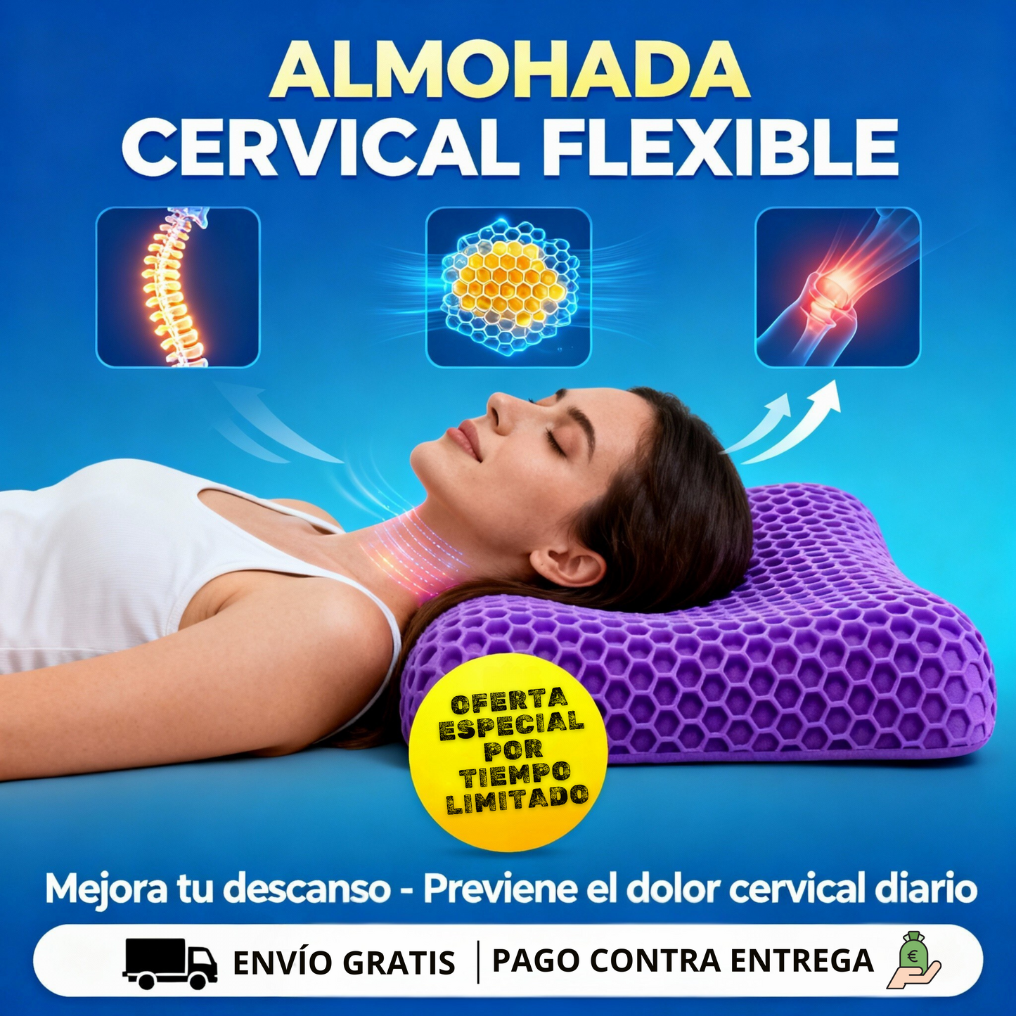 🌙✨ Almohada Cervical 3D 🐝 Panal Confort – Dile Adiós al Dolor de Cuello