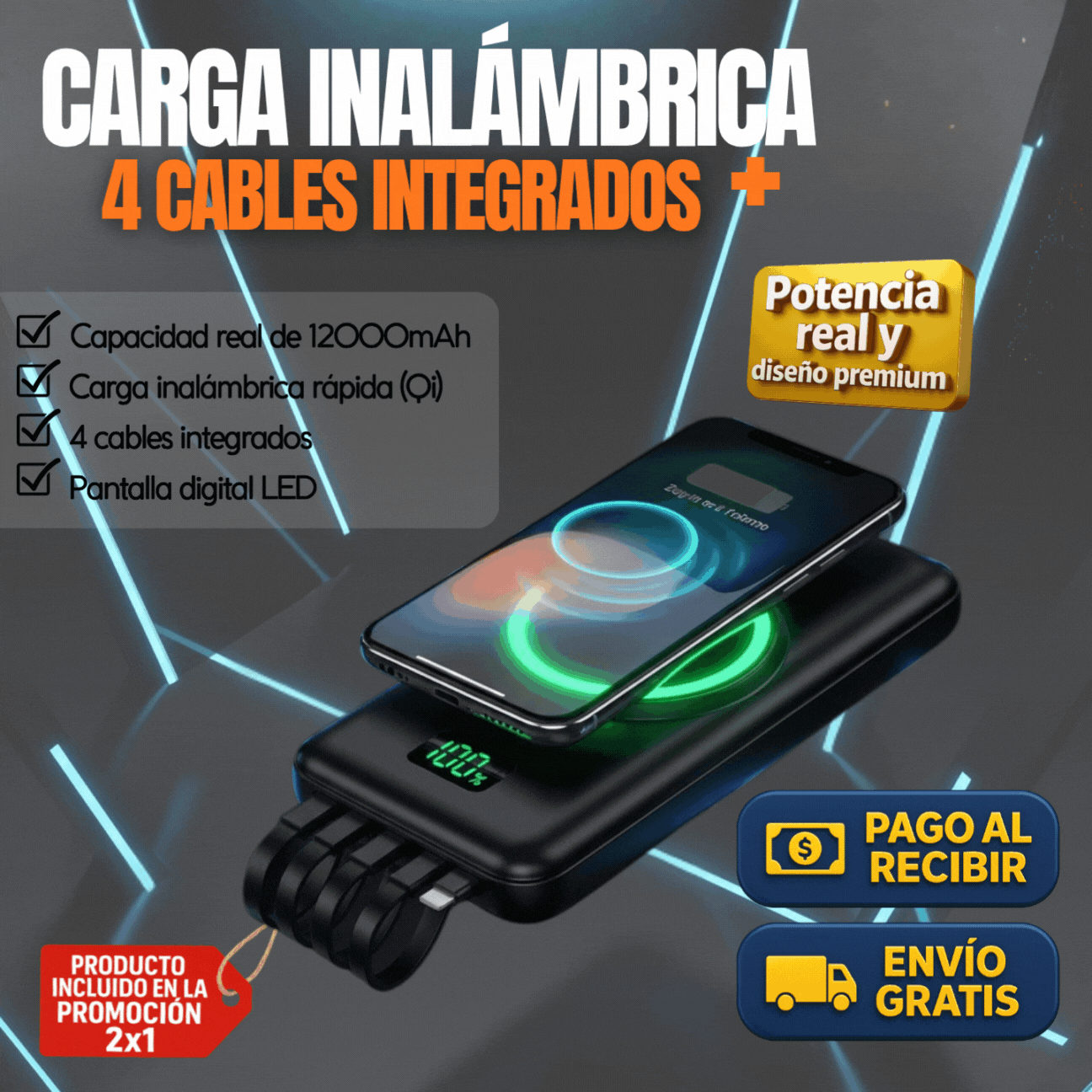 🔋✨ Powerbank carga inalámbrico+ 4 cables integrados 12000 mAh