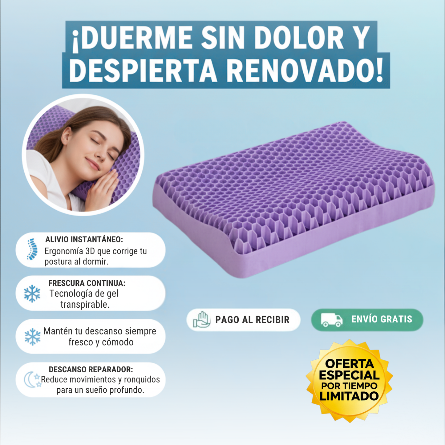 🌙✨ Almohada Cervical 3D 🐝 Panal Confort – Dile Adiós al Dolor de Cuello