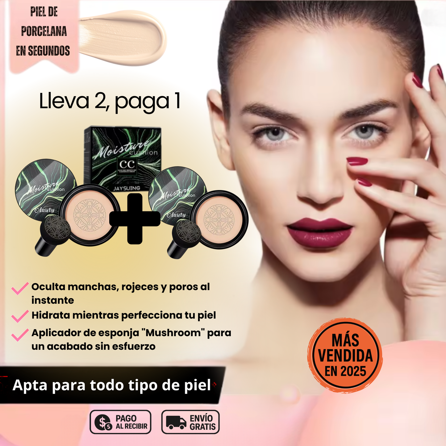 (Lleva 2, paga 1)💧 Moisture Glow Cushion l Alta cobertura + efecto porcelana en segundos